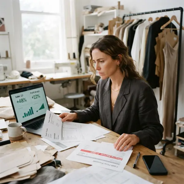 Profitable fashion brand owner reviewing strong sales while facing low available cash