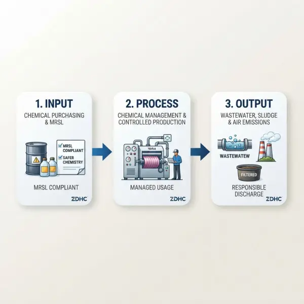 Diagram ruang lingkup ZDHC yang menghubungkan Input Process dan Output dalam produksi tekstil Diagram ruang lingkup ZDHC yang menghubungkan Input Process dan Output dalam produksi tekstil