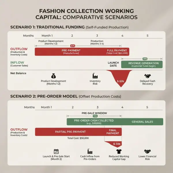 Working capital example comparing traditional stock production with fashion pre-orders Working capital example comparing traditional stock production with fashion pre-orders