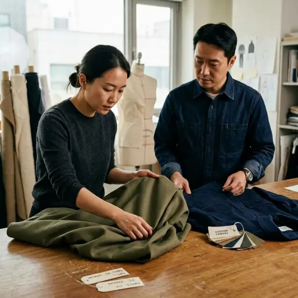 Fashion product development team inspecting twill fabric before garment production