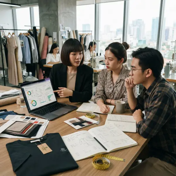 Tim product development membaca hasil penilaian Higg Index untuk produk fashion