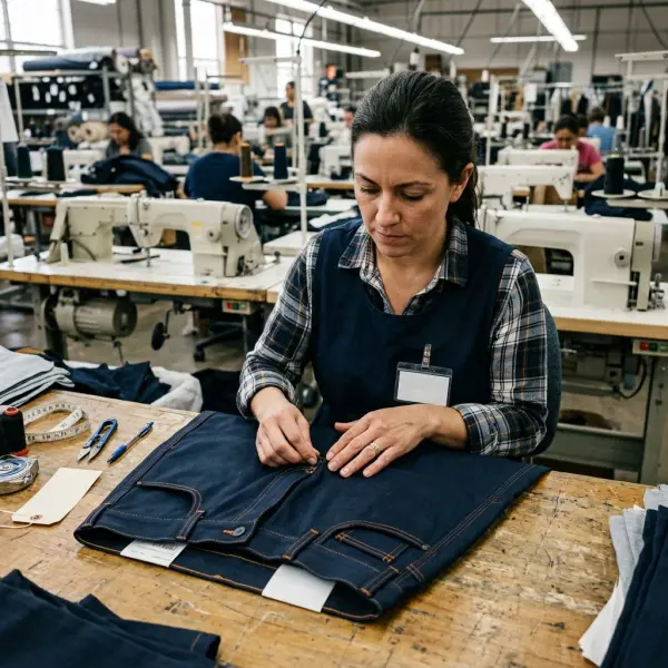 Quality inspection of cotton twill workwear trousers in a garment factory Quality inspection of cotton twill workwear trousers in a garment factory