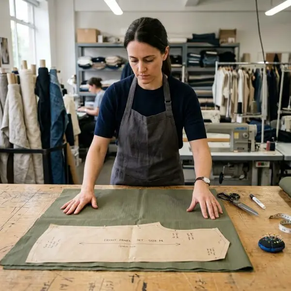 Apparel production team evaluating woven fabric orientation before cutting twill
