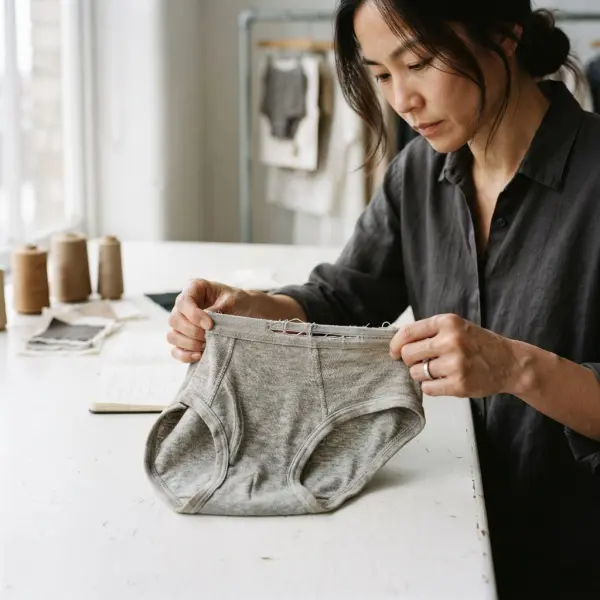 Pemeriksaan elastisitas waistband pada underwear lama yang sudah usang