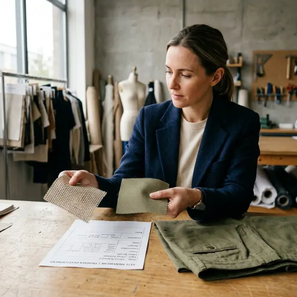 Fashion sourcing team comparing plain weave and twill fabric samples for garment development