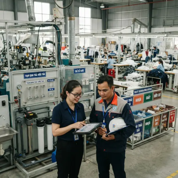 Tim pabrik garmen memeriksa penggunaan energi air dan pengelolaan limbah untuk penilaian Higg FEM