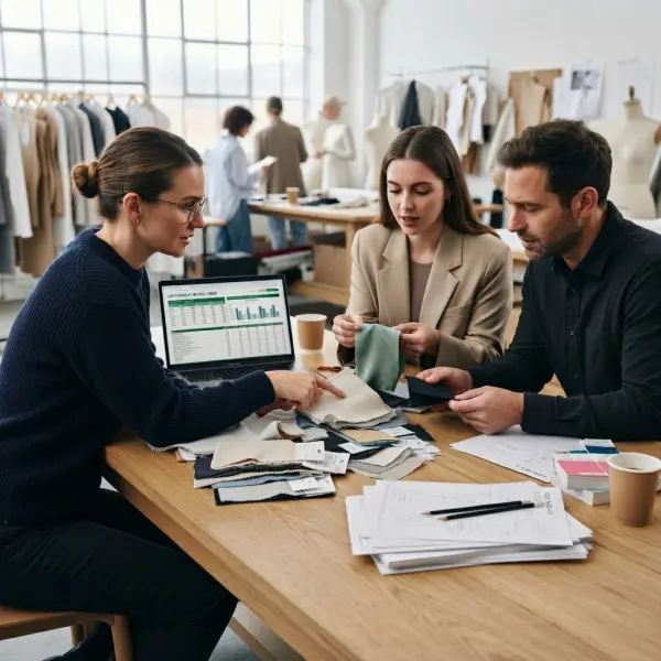 Tim desain fashion membandingkan material menggunakan Higg Materials Sustainability Index Tim desain fashion membandingkan material menggunakan Higg Materials Sustainability Index