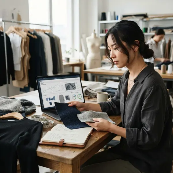 Product developer membandingkan material dan spesifikasi pakaian berdasarkan data dampak lingkungan