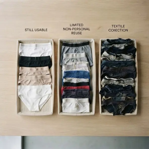 Pemilahan underwear lama berdasarkan kondisi untuk reuse atau pengelolaan tekstil Pemilahan underwear lama berdasarkan kondisi untuk reuse atau pengelolaan tekstil