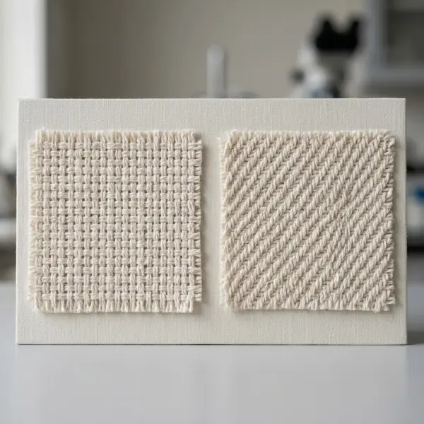 Macro comparison showing flat plain weave texture and diagonal twill fabric texture
