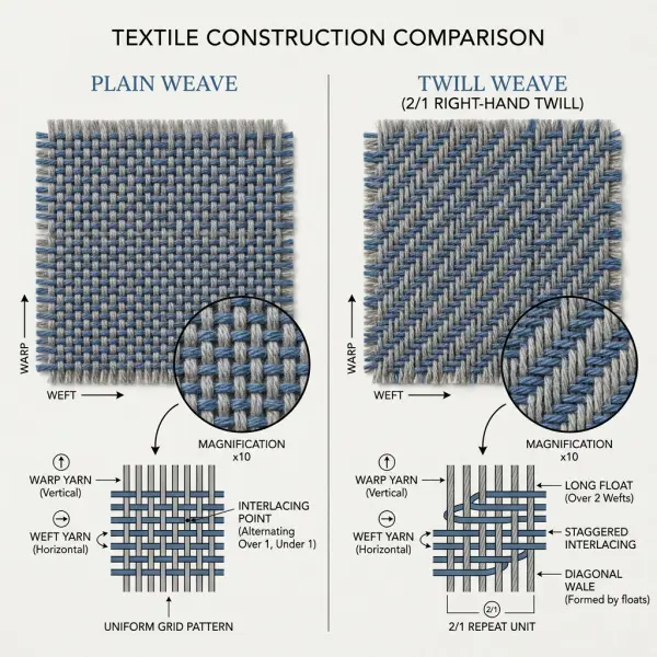 Comparison of plain weave and twill weave fabric construction showing different yarn interlacing patterns