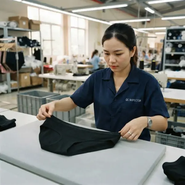 Quality control underwear memeriksa jahitan elastisitas dan bentuk produk