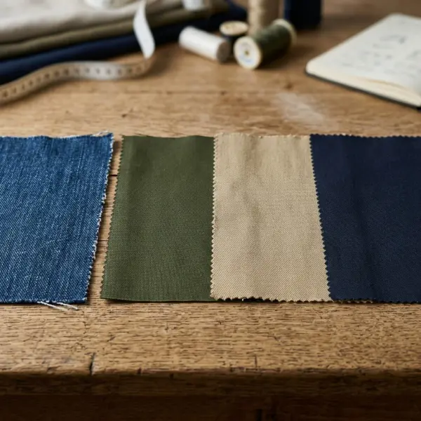 Denim, gabardine, drill, and trouser twill fabric swatches for apparel development