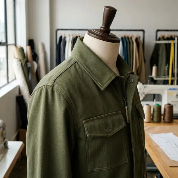 Twill utility jacket showing structured pockets, seams, and topstitching Twill utility jacket showing structured pockets, seams, and topstitching