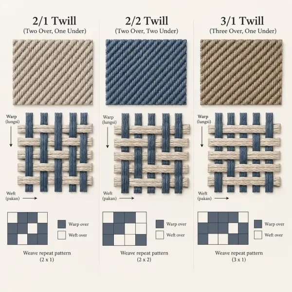 Diagram comparing 2/1, 2/2, and 3/1 twill weave structures