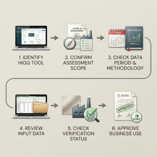 Tim sustainability memeriksa tool data periode dan metodologi sebelum menggunakan hasil Higg Index Tim sustainability memeriksa tool data periode dan metodologi sebelum menggunakan hasil Higg Index