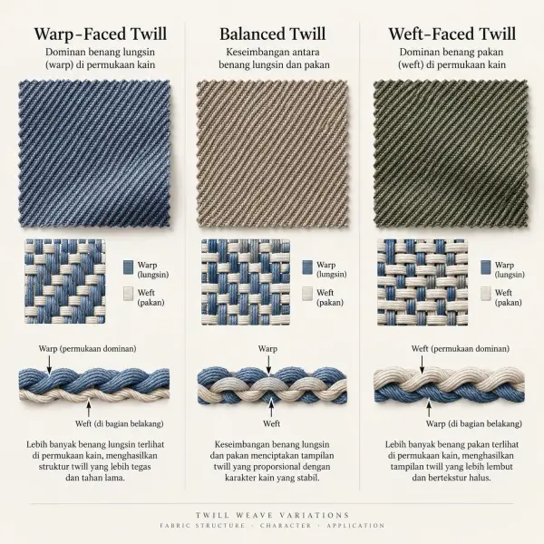 Textile diagram showing warp-faced, balanced, and weft-faced twill constructions