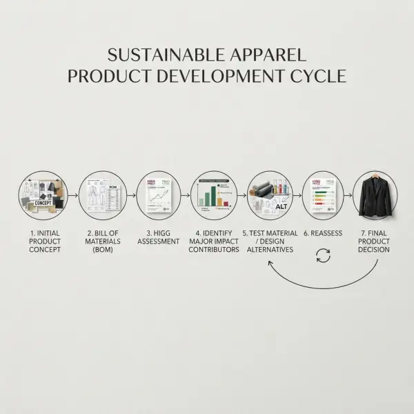 Alur penggunaan Higg Product Module dalam proses pengembangan produk fashion