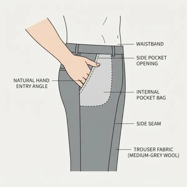 Apparel design diagram showing ergonomic pocket placement and natural hand access