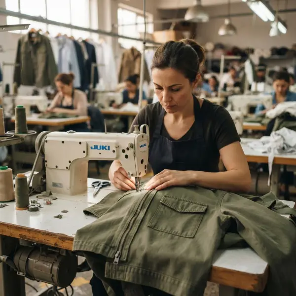 Garment factory operator sewing functional details onto a utility jacket