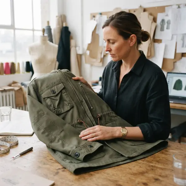 Garment designer reviewing functional details including pockets zippers drawcords and adjustable tabs