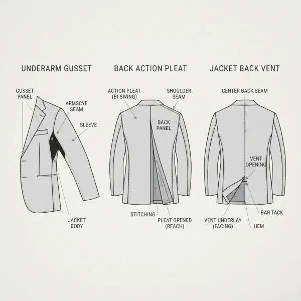 Simple diagram comparing gusset pleat and vent construction for garment movement