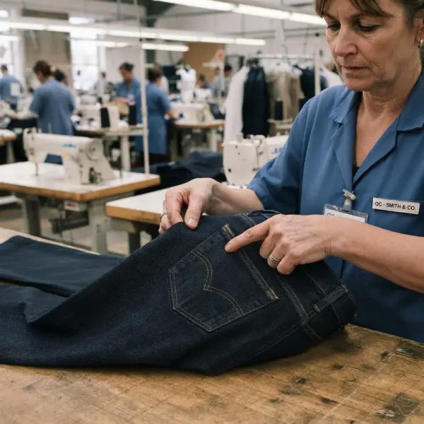 Quality control inspection of pocket opening and stitching on finished trousers