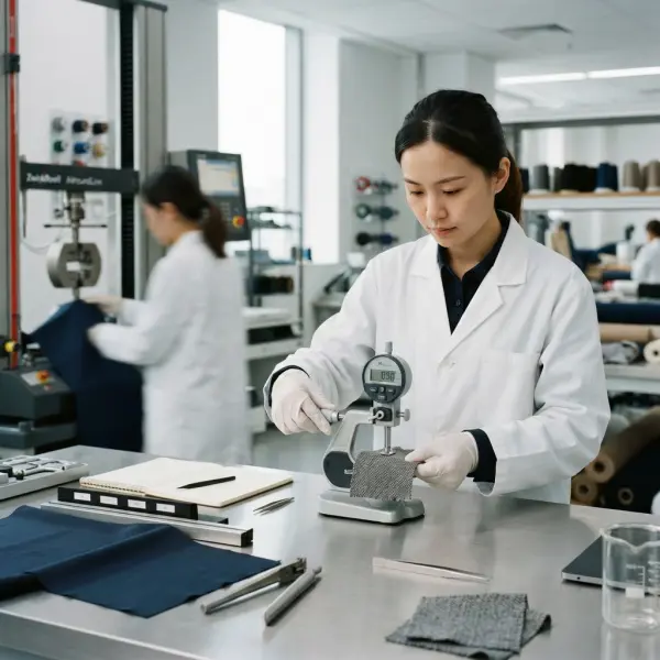 Berbagai pengujian tekstil ASTM dilakukan pada sampel kain di laboratorium