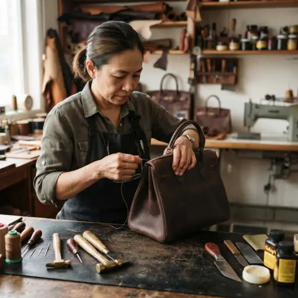 Proses layanan perbaikan tas kulit di workshop profesional