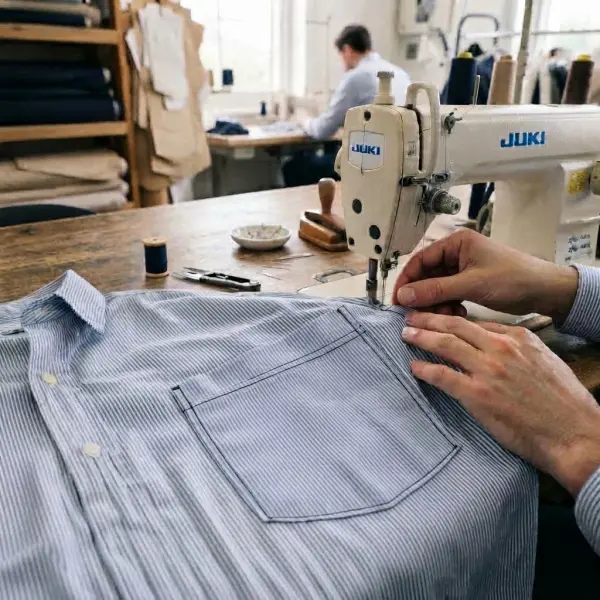 Close-up of patch pocket construction on a woven shirt