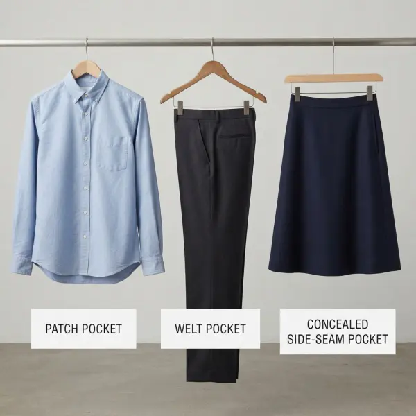 Comparison of patch welt and side-seam pockets on three different garments
