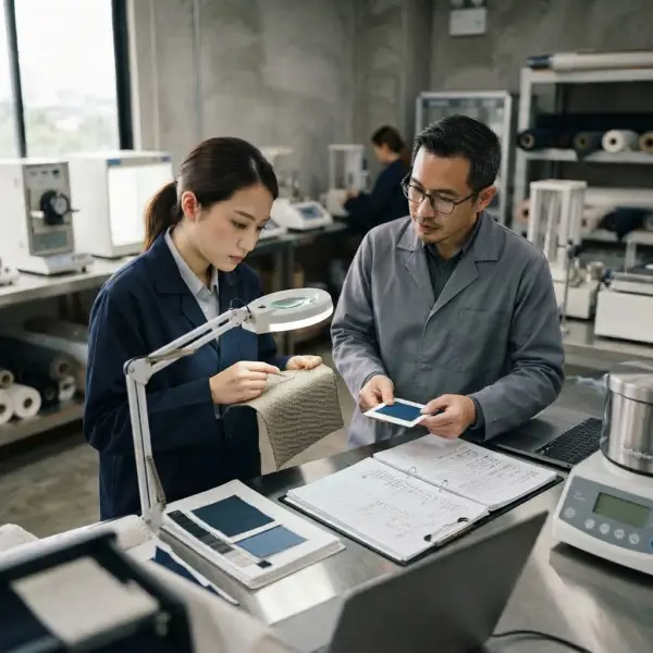 Tim quality control memeriksa kain untuk pengujian standar tekstil ASTM Tim quality control memeriksa kain untuk pengujian standar tekstil ASTM