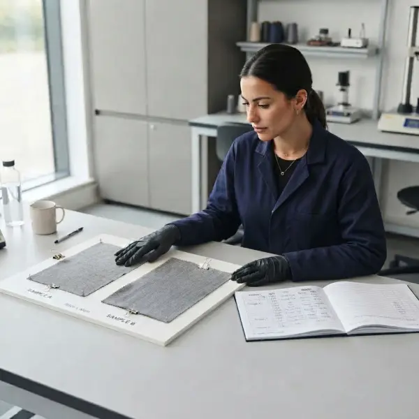Tim quality control membandingkan hasil pengujian kain dari dua sampel tekstil Tim quality control membandingkan hasil pengujian kain dari dua sampel tekstil