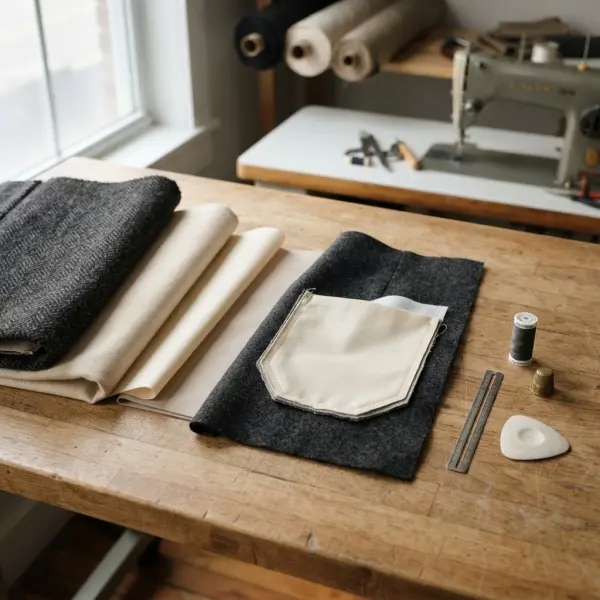 Different garment fabrics and pocket bag materials being evaluated for apparel construction