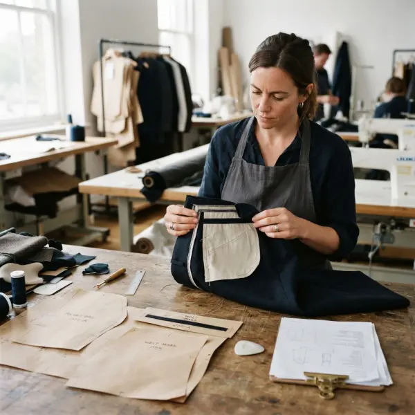 Garment technician examining pocket construction on trousers during apparel product development