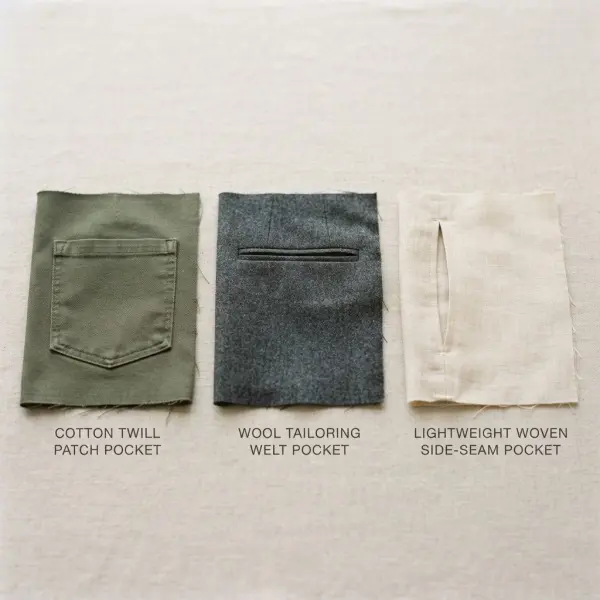 Apparel swatches showing suitable fabric contexts for patch welt and side-seam pockets