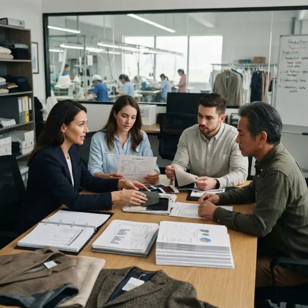 Tim quality control dan sourcing membahas hasil pengujian kain untuk keputusan supplier Tim quality control dan sourcing membahas hasil pengujian kain untuk keputusan supplier
