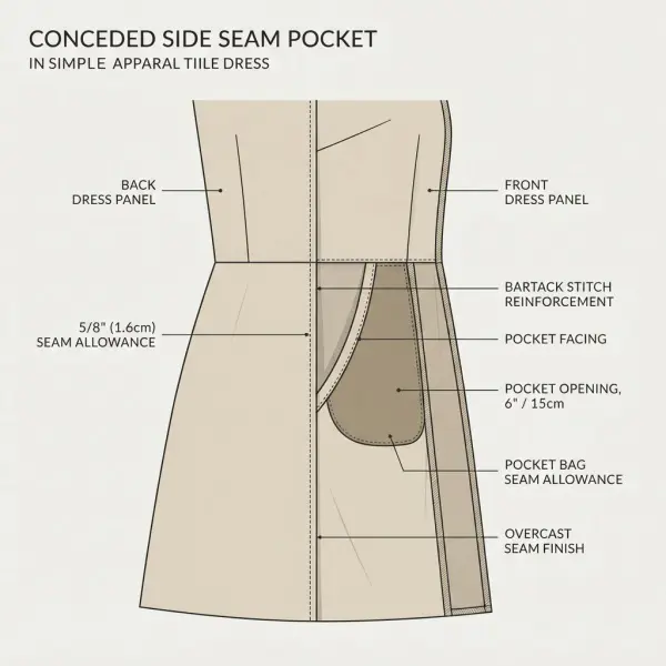 Side-seam pocket construction inside a dress showing concealed pocket bag