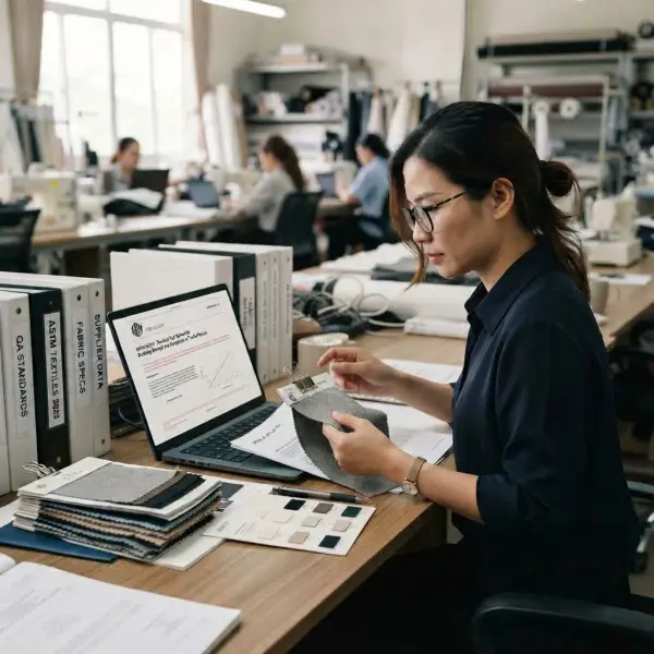 Tim quality assurance memverifikasi nomor dan edisi standar ASTM untuk pengujian tekstil