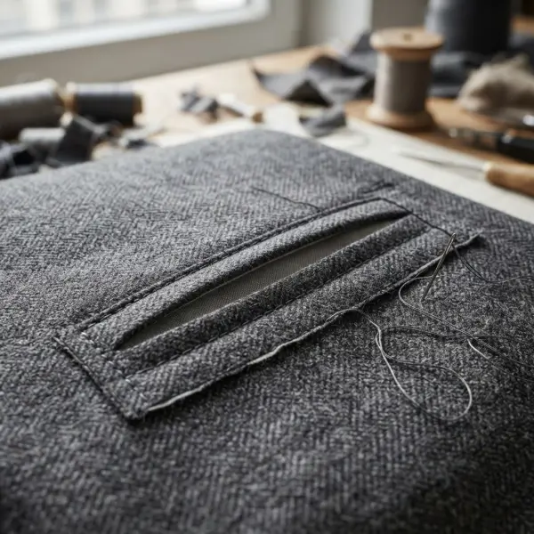 Technical close-up of double welt pocket construction on tailored fabric