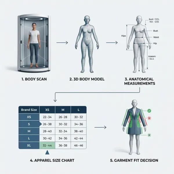 Workflow from 3D body scan to apparel measurements and clothing size selection