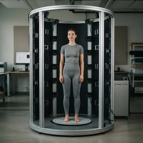 Person being measured with a 3D body scanner for apparel fit and sizing