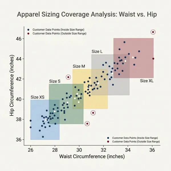 Apparel size chart coverage showing how customer body measurements fall inside and outside size ranges