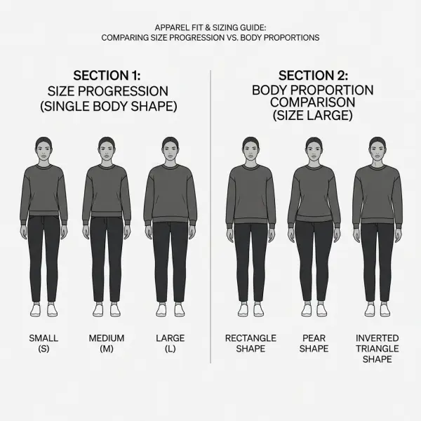 Diagram comparing extending an apparel size range with introducing different body shape fits