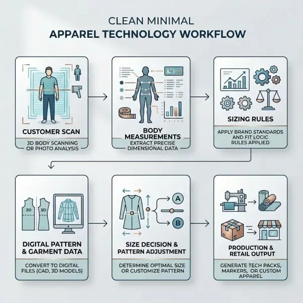 Workflow showing 3D body scanning integrated with apparel sizing, pattern development, e-commerce and production Workflow showing 3D body scanning integrated with apparel sizing, pattern development, e-commerce and production