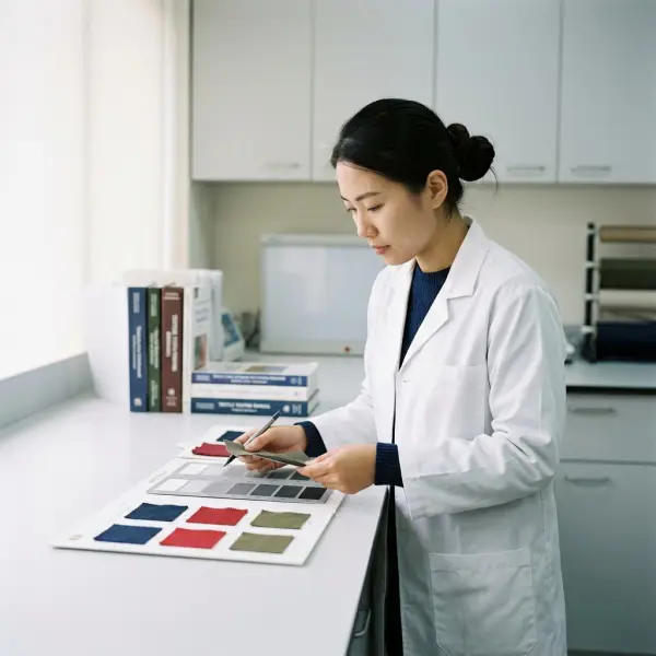 Quality control mengevaluasi hasil uji colorfastness berdasarkan kriteria penerimaan