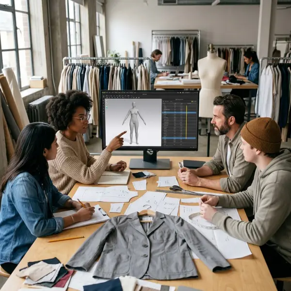 Apparel product development team reviewing 3D body measurements for garment sizing