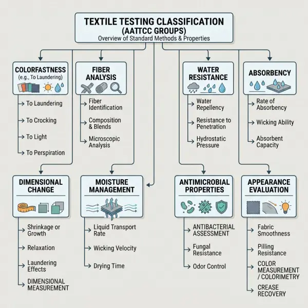 Diagram kelompok metode pengujian AATCC untuk evaluasi tekstil Diagram kelompok metode pengujian AATCC untuk evaluasi tekstil