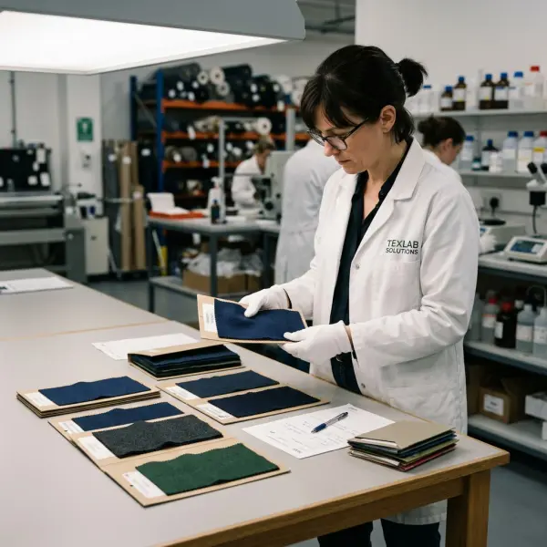 Pemeriksaan konsistensi warna kain melalui perbandingan swatch di quality control tekstil Pemeriksaan konsistensi warna kain melalui perbandingan swatch di quality control tekstil