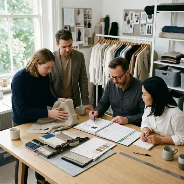 Tim pengembangan produk fashion mengevaluasi kain berdasarkan kebutuhan pengujian tekstil Tim pengembangan produk fashion mengevaluasi kain berdasarkan kebutuhan pengujian tekstil